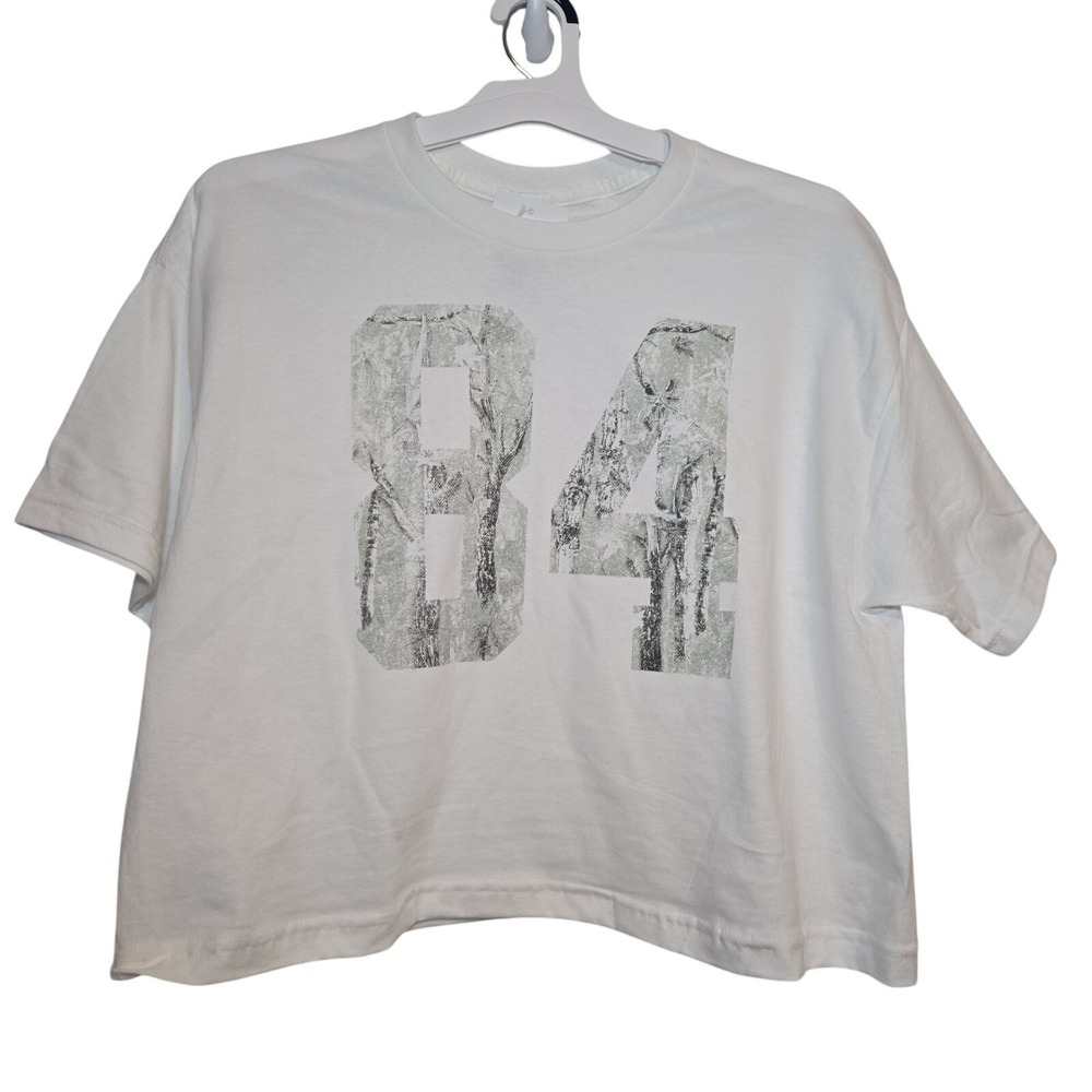 White‎ Cropped Graphic Tee "84" Camo Print Streetwear Y2K Aesthetic Size L